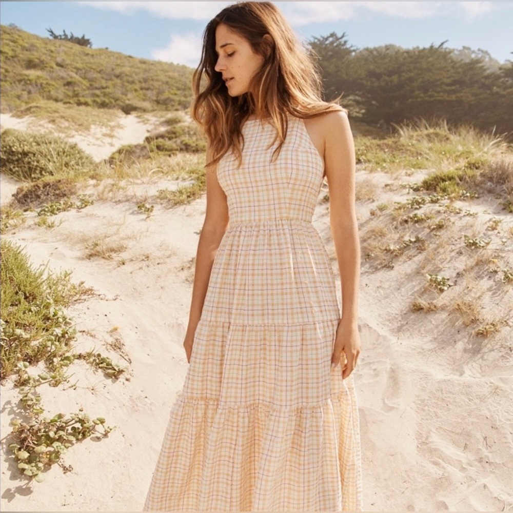 *SOLD*Christy Dawn Delphine Midi Tiered Sun Dress in Snapdragon Gingham Pink Tan - Picture 2 of 11
